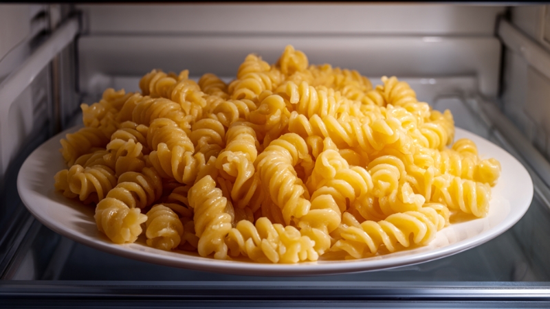 Cooked pasta sitting uncovered on a plate inside a refrigerator