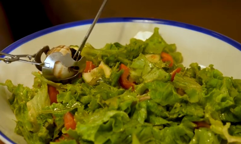 A fresh green salad with lettuce, tomatoes, and onions in a white bowl with a blue rim