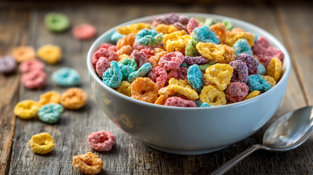 White bowl filled with brightly colored cereal pieces on a wooden table with a spoon beside it