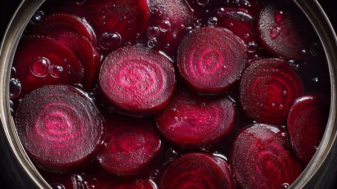 Sliced beets packed in liquid inside an open can