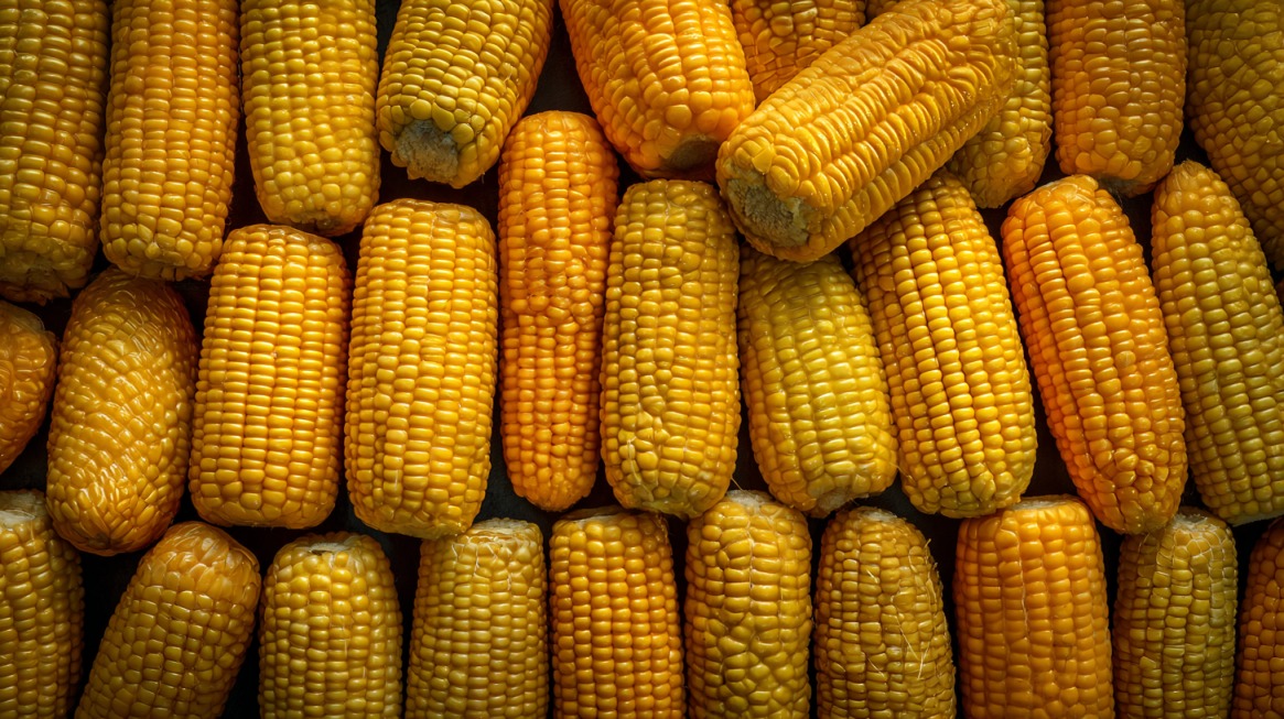 Whole corn kernels packed tightly together in a close up view