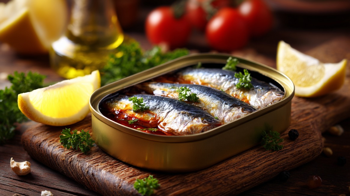 An open tin of canned sardines on a wooden board with lemon wedges and herbs