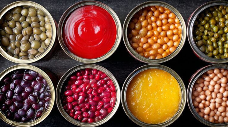 Open cans of beans, legumes, and fruit arranged in neat rows on a dark surface