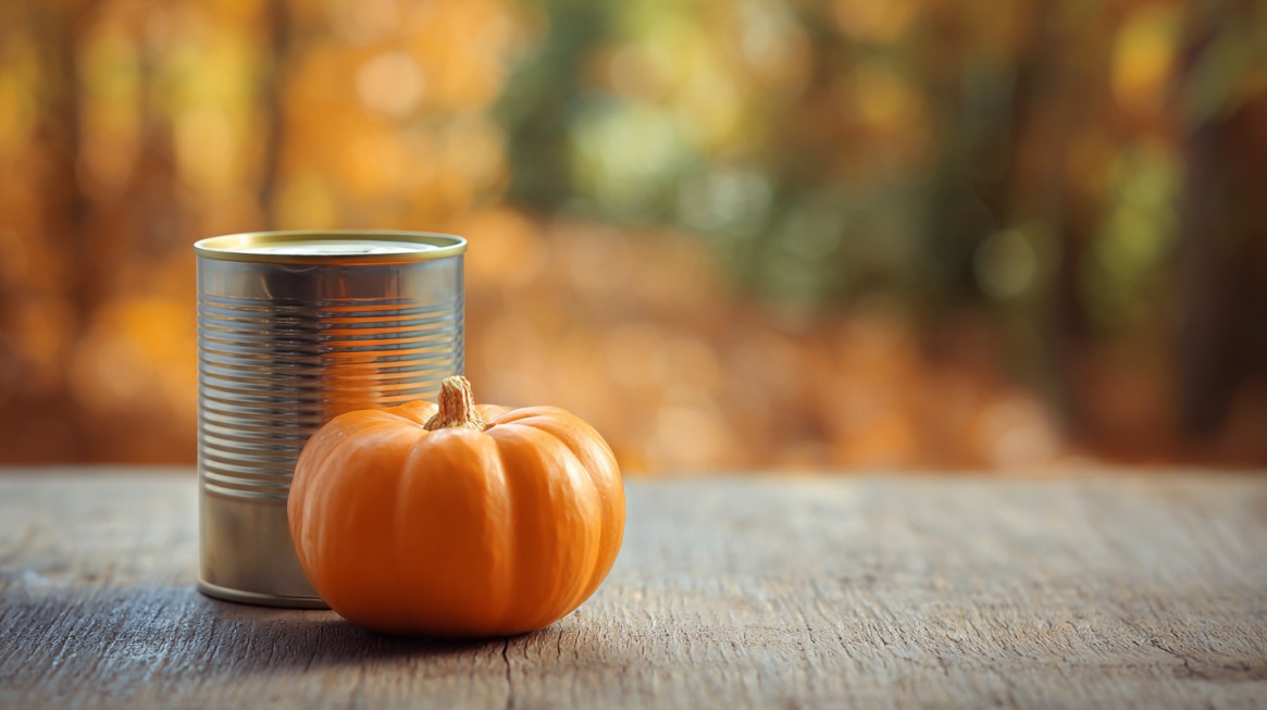 A small pumpkin sits in front of a can of pumpkin puree on a wooden surface with autumn foliage blurred behind