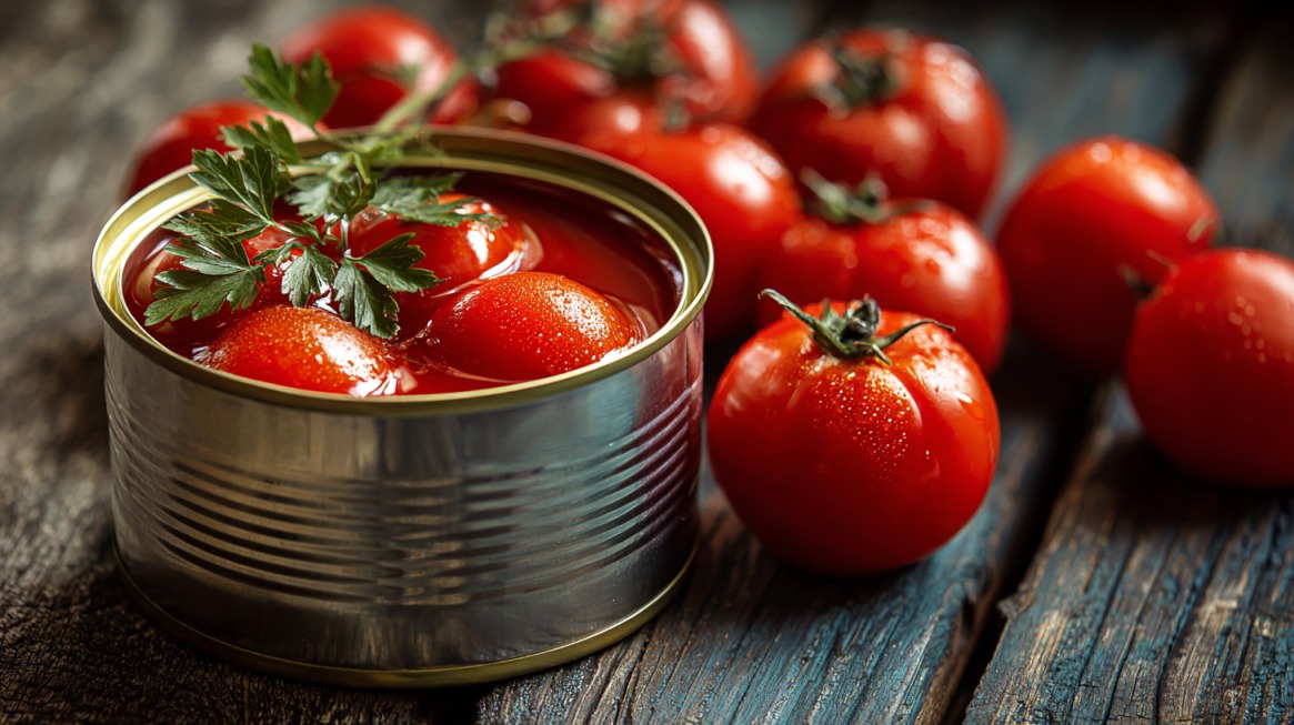 Open can of whole peeled tomatoes in juice with fresh tomatoes on a wooden table