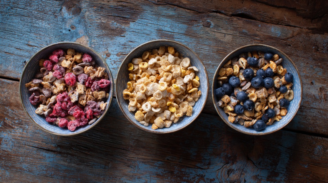 Top view of three bowls filled with different cereals, some topped with berries, placed on a rustic wooden table