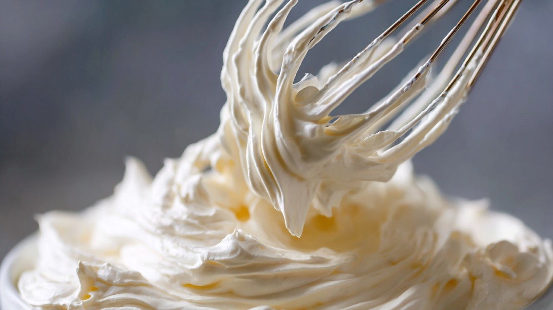 Close up of heavy whipping cream being whipped with a whisk into soft peaks