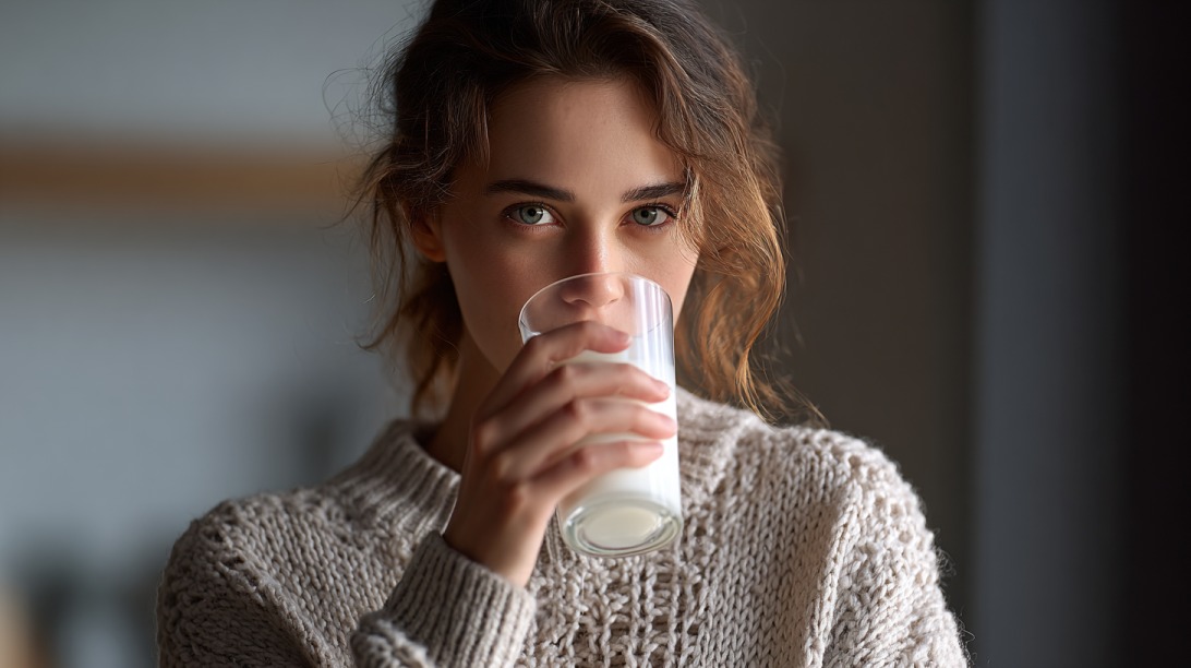 Woman in a cozy sweater drinking a glass of milk indoors