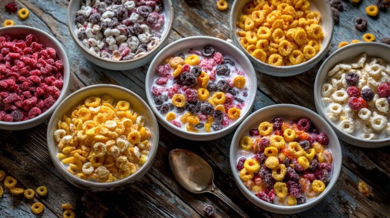 Several bowls of colorful cereal on a wooden table, some topped with milk and berries, with a spoon nearby