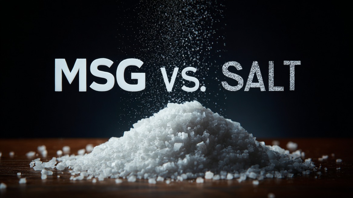 Pile of salt with text reading MSG vs salt on a dark background