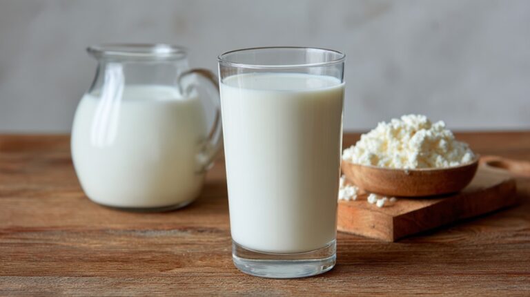 Glass of milk on a wooden table with a small pitcher of milk and a bowl of cottage cheese in the background