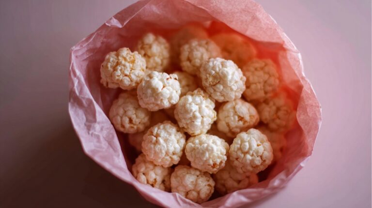 Top view of round white puffed snacks inside a pink paper bag
