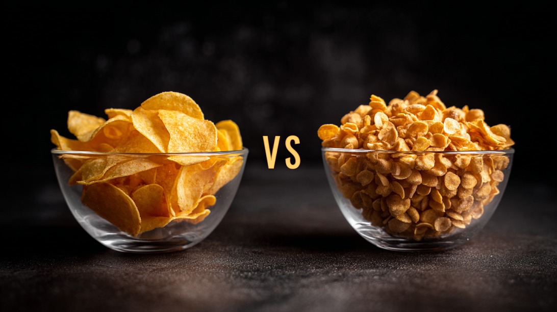 Two glass bowls on a dark surface, one filled with potato chips and the other with protein puffs, with the letters VS between them
