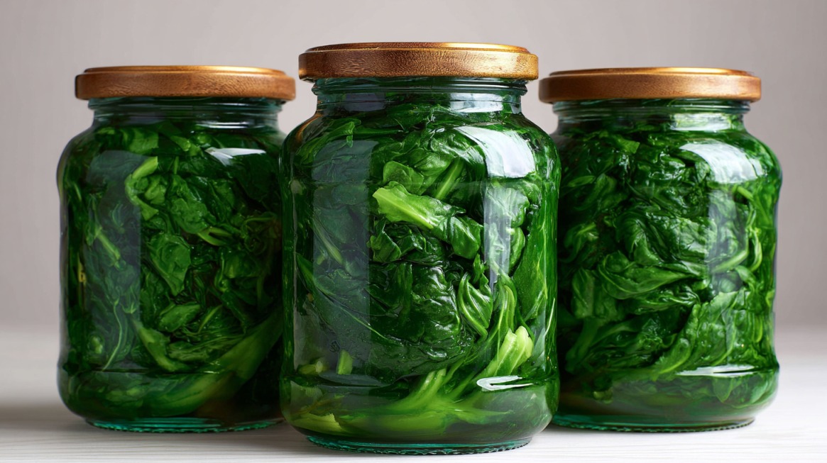 Glass jars filled with cooked leafy green vegetables