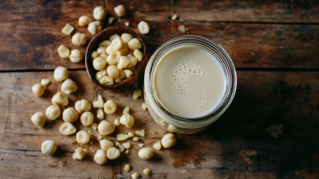 Jar of unsweetened macadamia nut milk on a wooden table with whole macadamia nuts scattered around