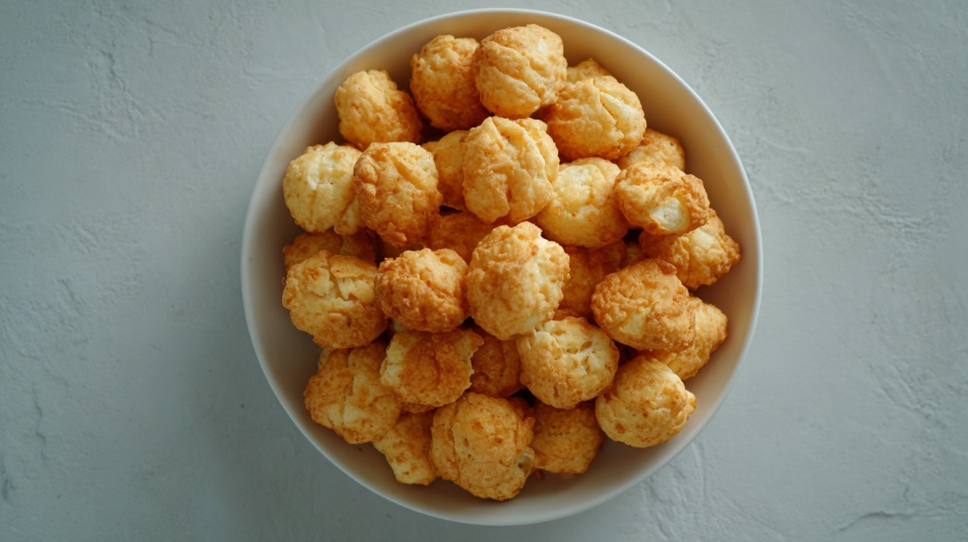 Top view of a white bowl filled with round golden protein puffs on a light surface
