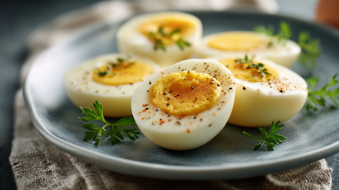 Sliced hard-boiled eggs arranged on a plate, seasoned with herbs and spices