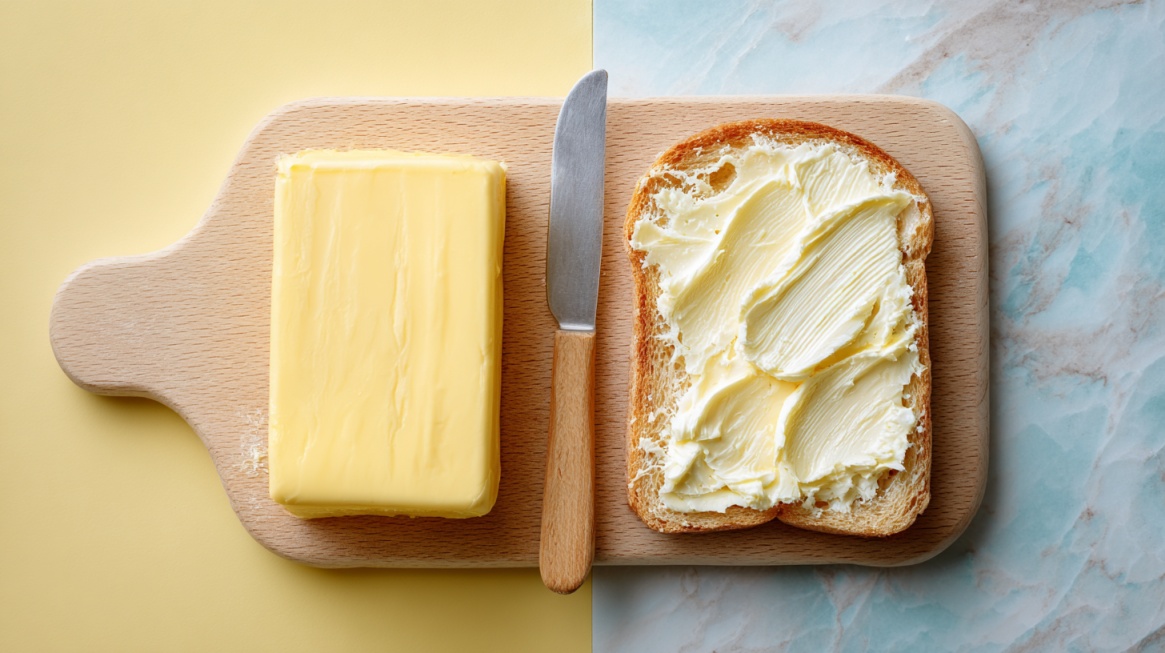 Slice of bread with butter next to a block of butter and a knife on a cutting board