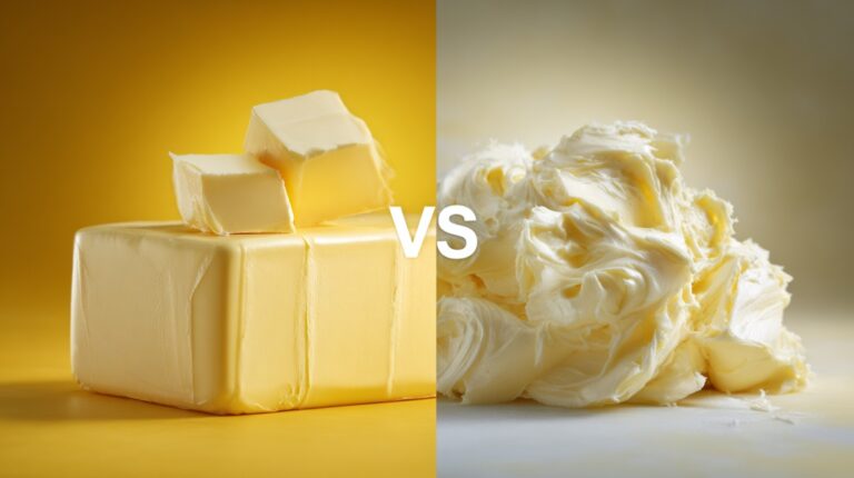Block of butter next to a pile of margarine on a split background