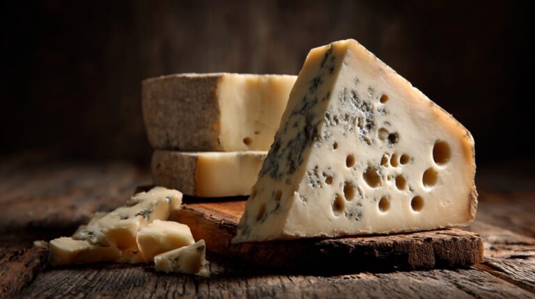 A wedge of blue cheese with visible mold veins sitting on a wooden surface, with slices behind it.