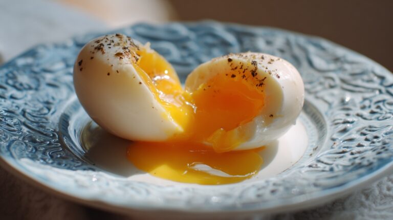 A soft-boiled egg cut open with a runny yolk on a plate, lightly seasoned with pepper