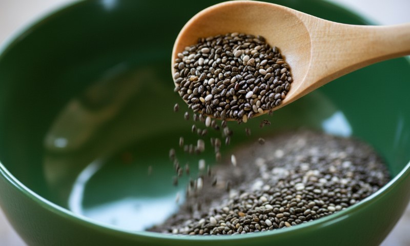 A wooden spoon pours chia seeds into a green bowl
