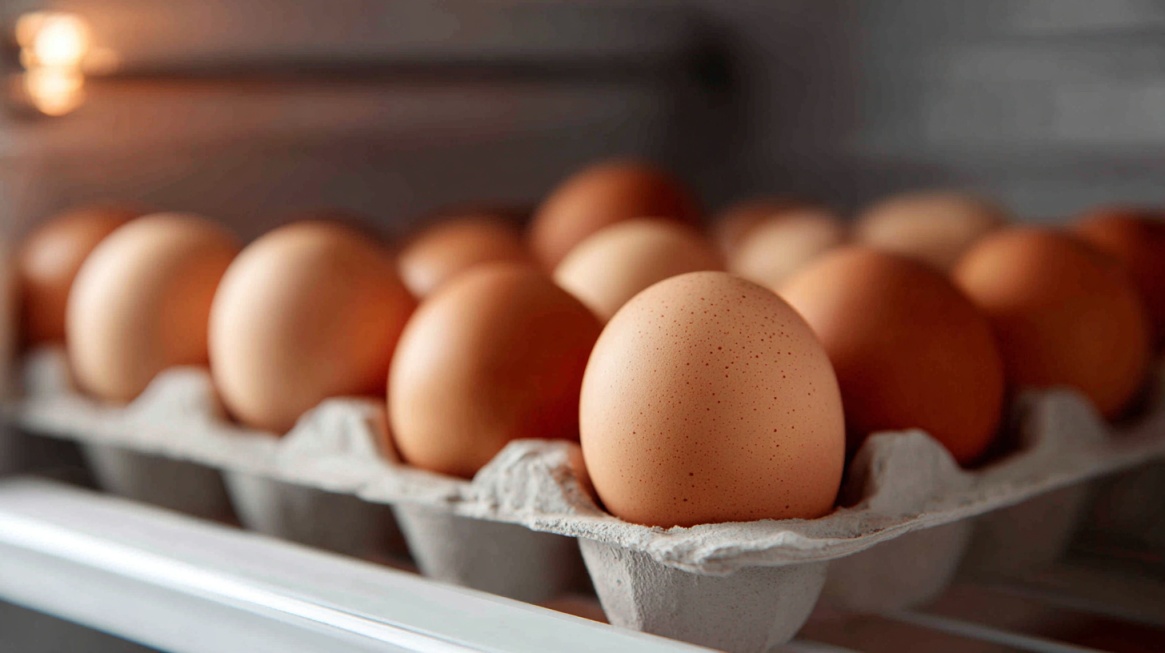 Brown eggs in a carton placed inside a refrigerator