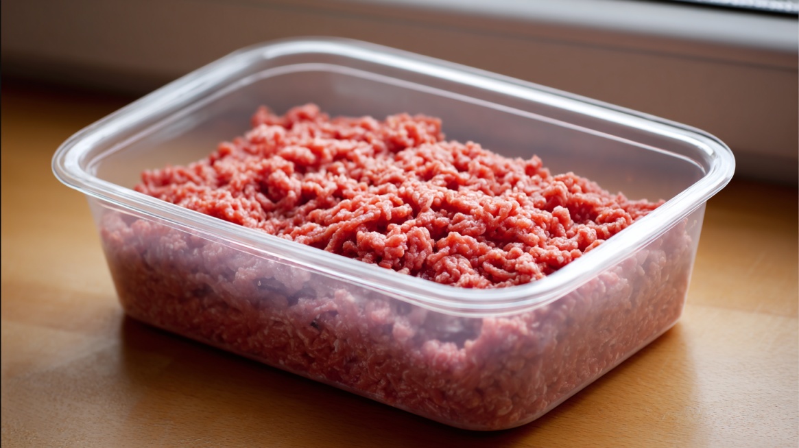 Raw ground beef in a plastic container on a wooden surface