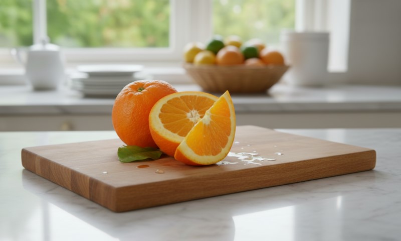 An orange, sliced open, sits on a wooden cutting board on a kitchen counter