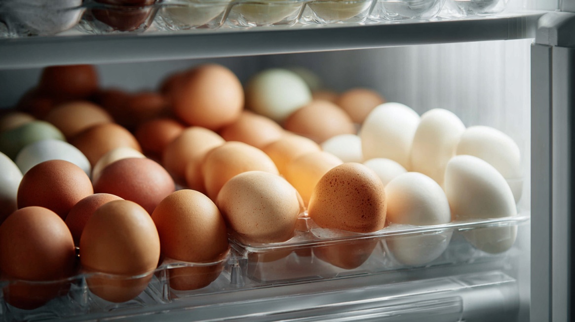 Multiple eggs arranged in trays inside a refrigerator drawer