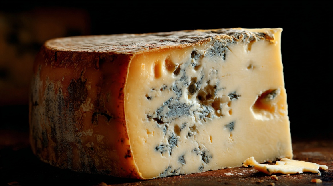 A wedge of semi-hard cheese with blue mold veins visible inside and on parts of the surface