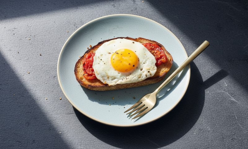 A sunny-side-up egg on toast with tomato spread sits on a light blue plate