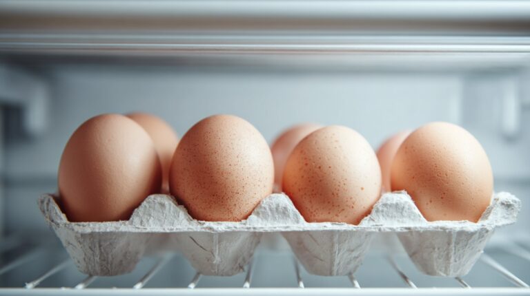 Brown eggs in a carton placed on a refrigerator shelf