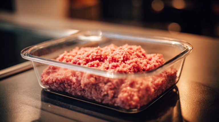 Raw ground beef in a glass container on a kitchen counter