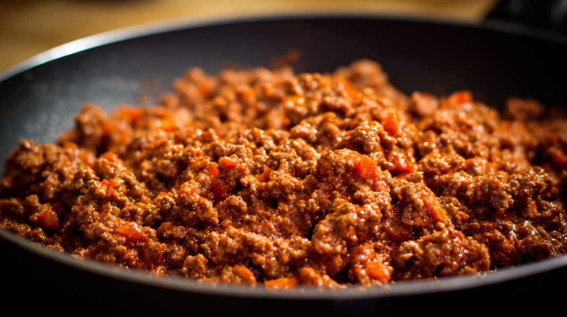 Seasoned ground beef cooking in a pan on the stove