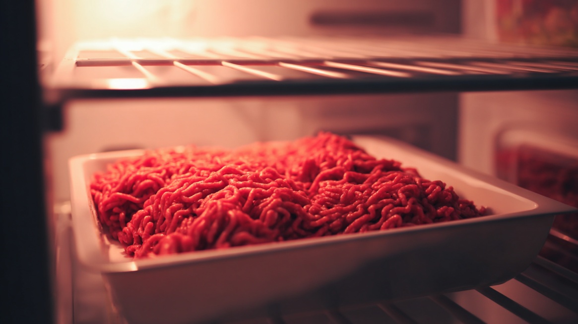 Raw ground beef in a dish placed on a refrigerator shelf