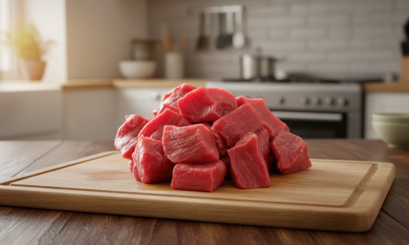 Raw, cubed meat piled on a wooden cutting board in a bright kitchen