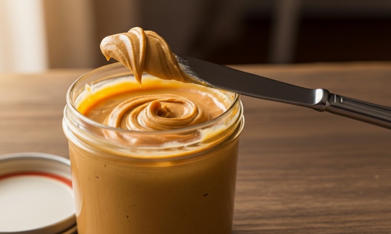 A jar of creamy peanut butter on a wooden table, with a knife lifting a smooth, swirled portion