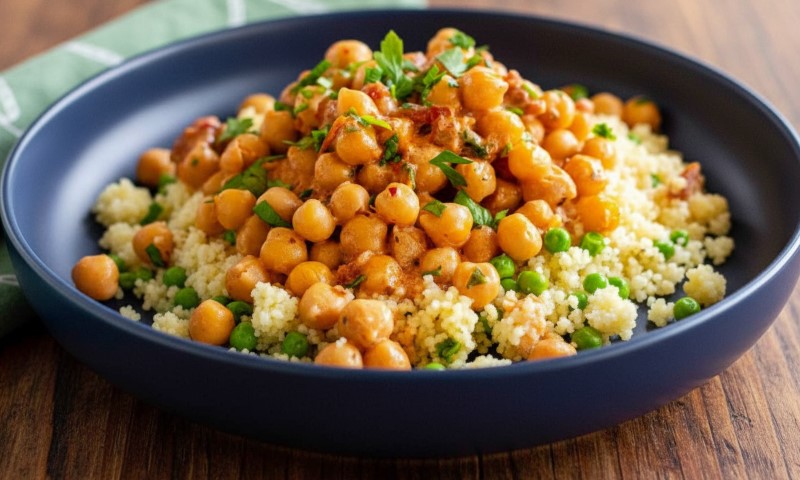 A dark blue bowl with fluffy couscous mixed with green peas, topped with seasoned, golden-brown chickpeas