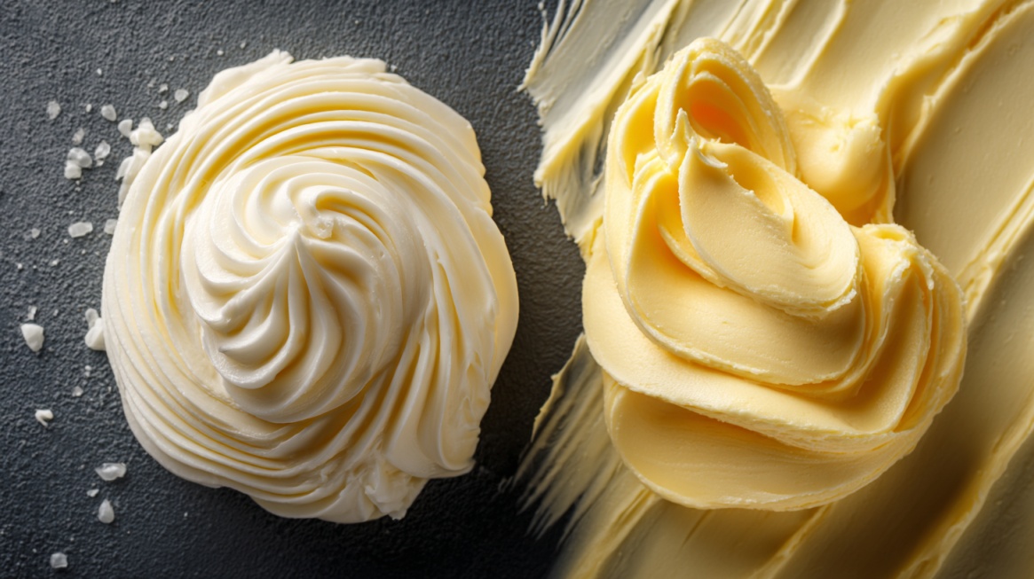 Close up of creamy butter and margarine textures side by side