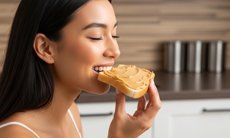 A woman smiles as she enjoys a bite of peanut butter toast in a modern kitchen