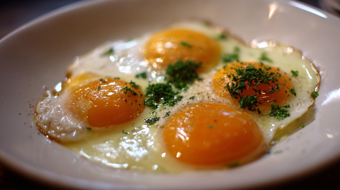Four sunny-side-up eggs with bright runny yolks, garnished with herbs in a white dish