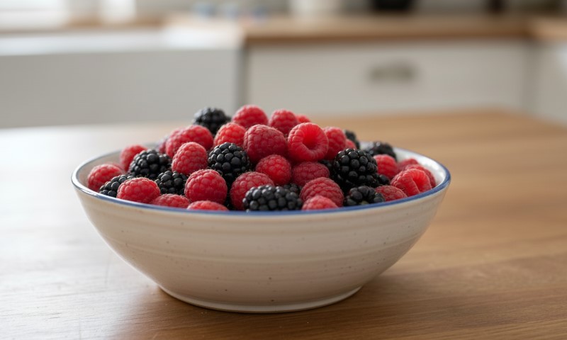 A white bowl brimming with fresh red raspberries and black blackberries sits on a wooden kitchen table