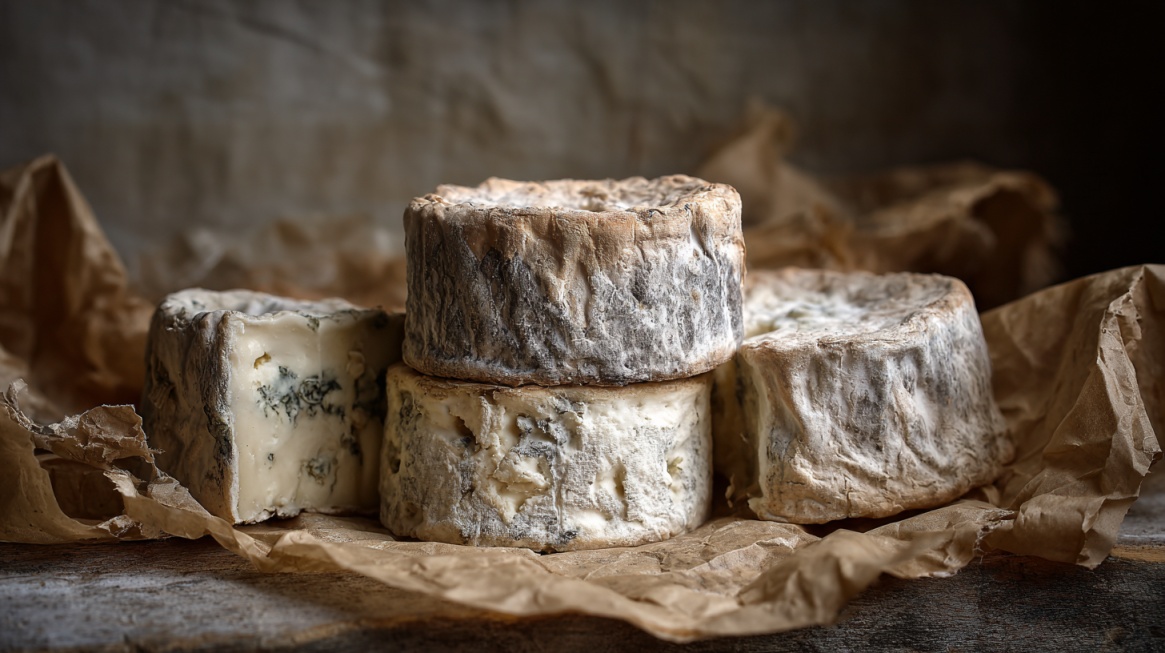 A group of soft, aged cheeses with wrinkled rinds, some showing visible mold growth on the surface