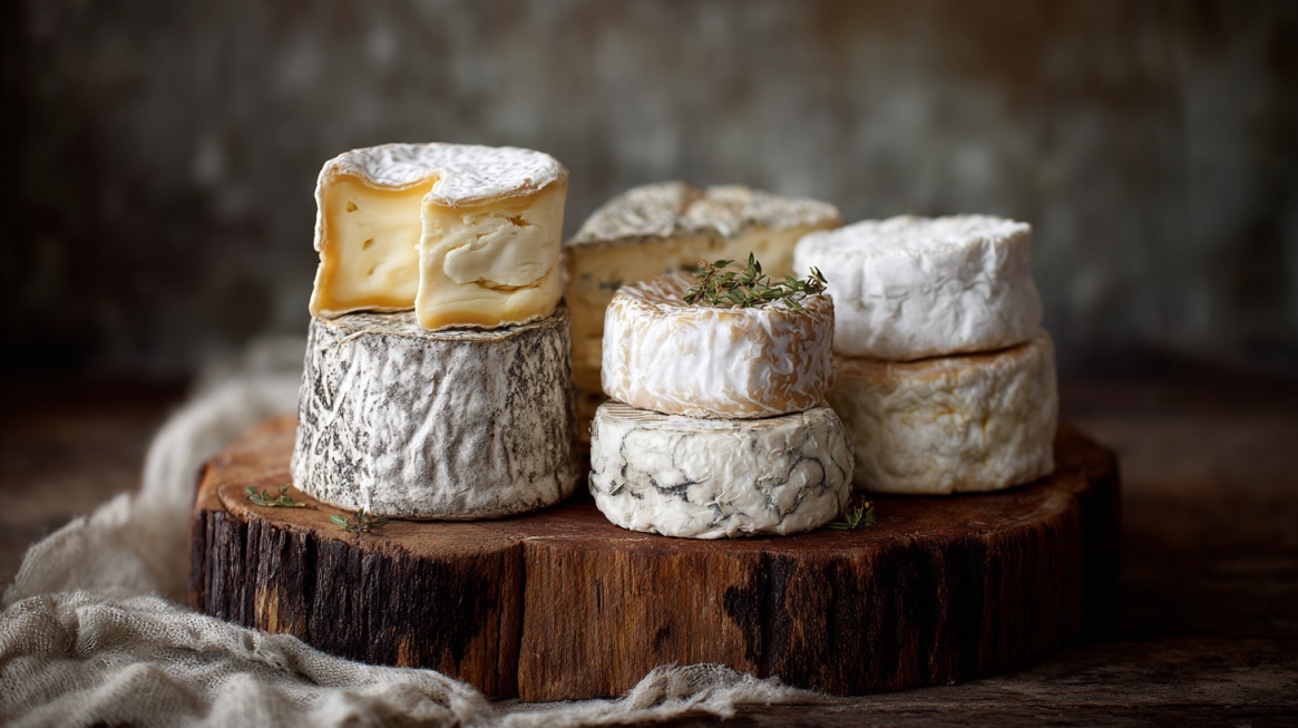 A selection of soft-ripened cheeses with white, bloomy rinds displayed on a wooden board