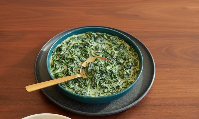 A round bowl of creamy spinach with a wooden spoon sits on a dark plate