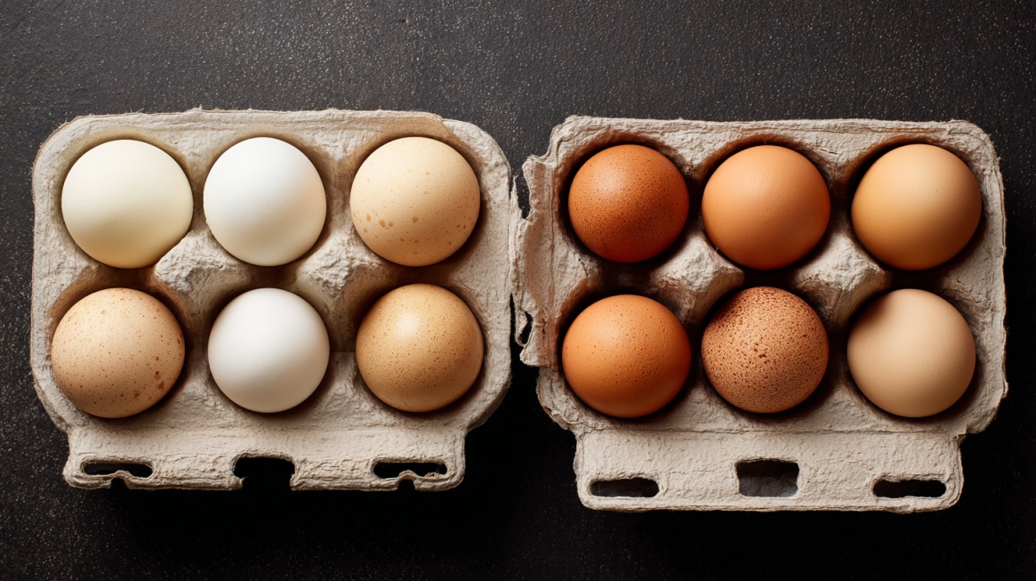 Two cartons of eggs showing different colors and varieties on a dark surface