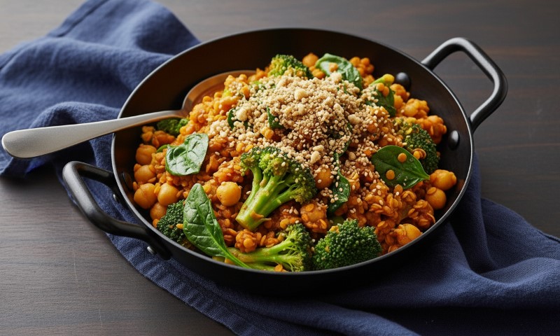 A black bowl filled with a colorful vegan dish of broccoli, chickpeas, spinach, and grains, on a navy napkin