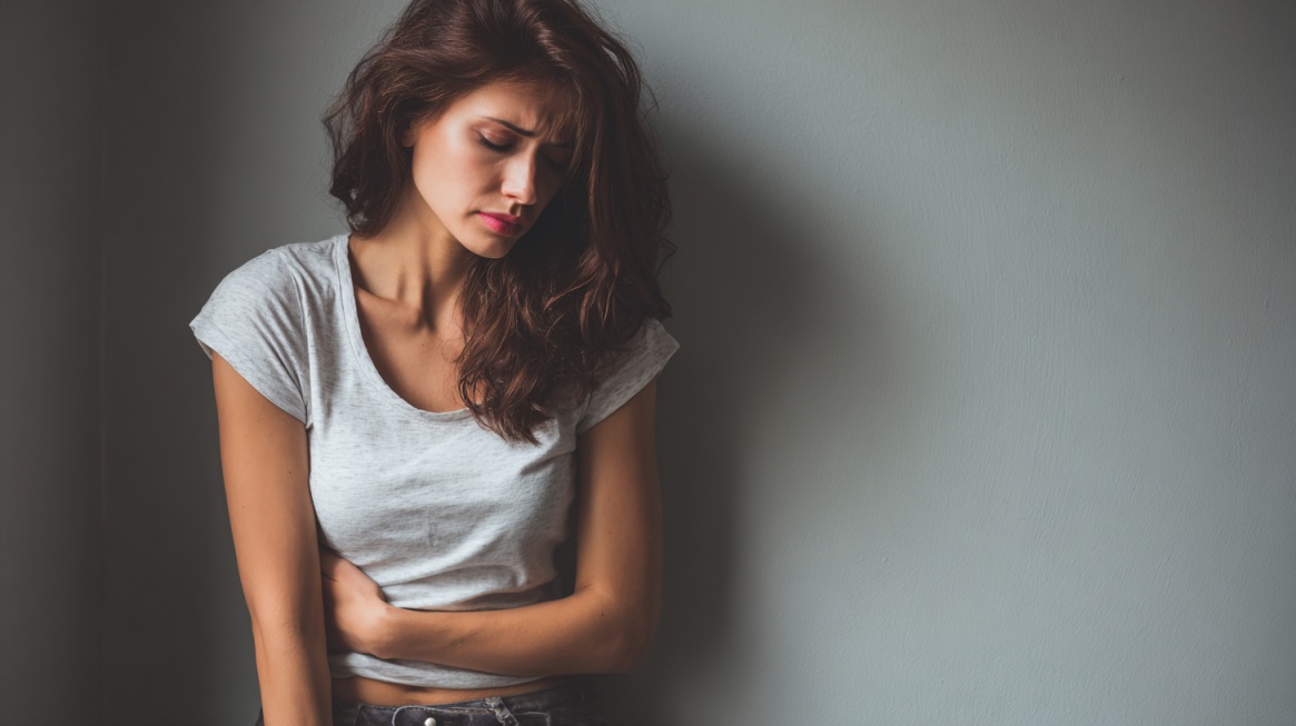 A woman holding her stomach and looking uncomfortable, possibly experiencing digestive distress