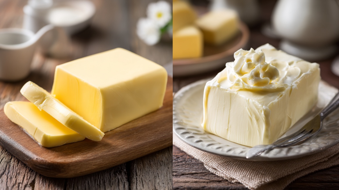Side by side view of butter block and margarine spread on a plate